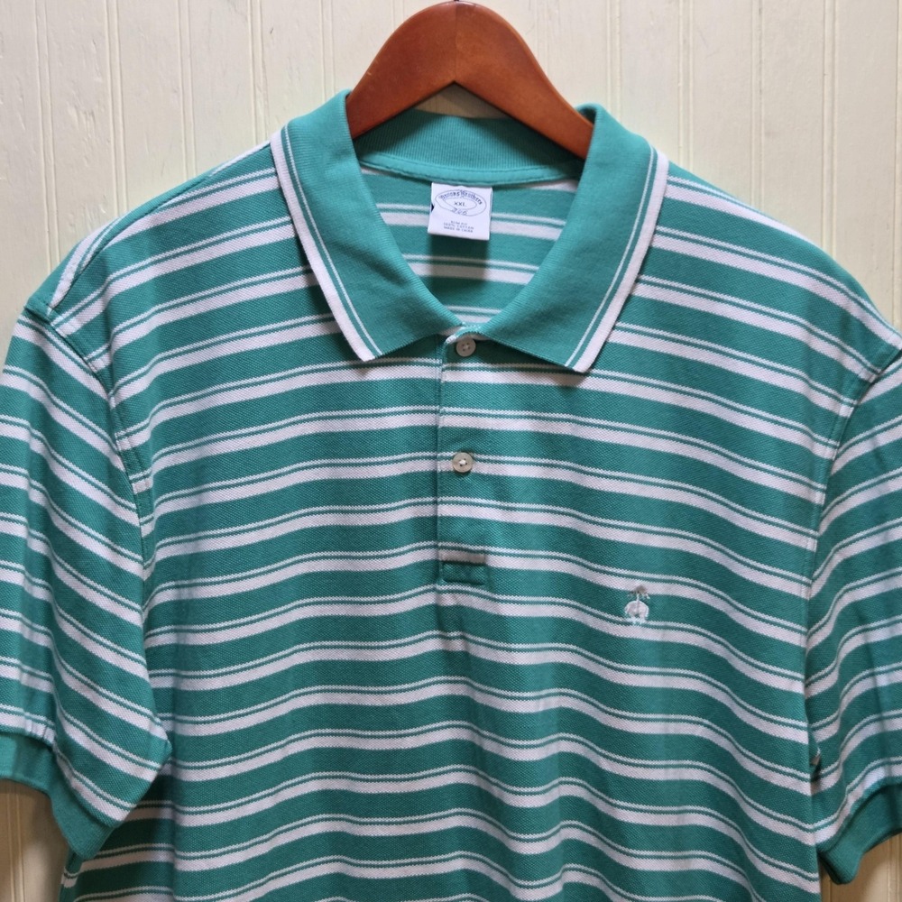 Brooks Brothers 346 Polo Shirt Mens 2XL Green Stripe Short Sleeve Slim Cotton